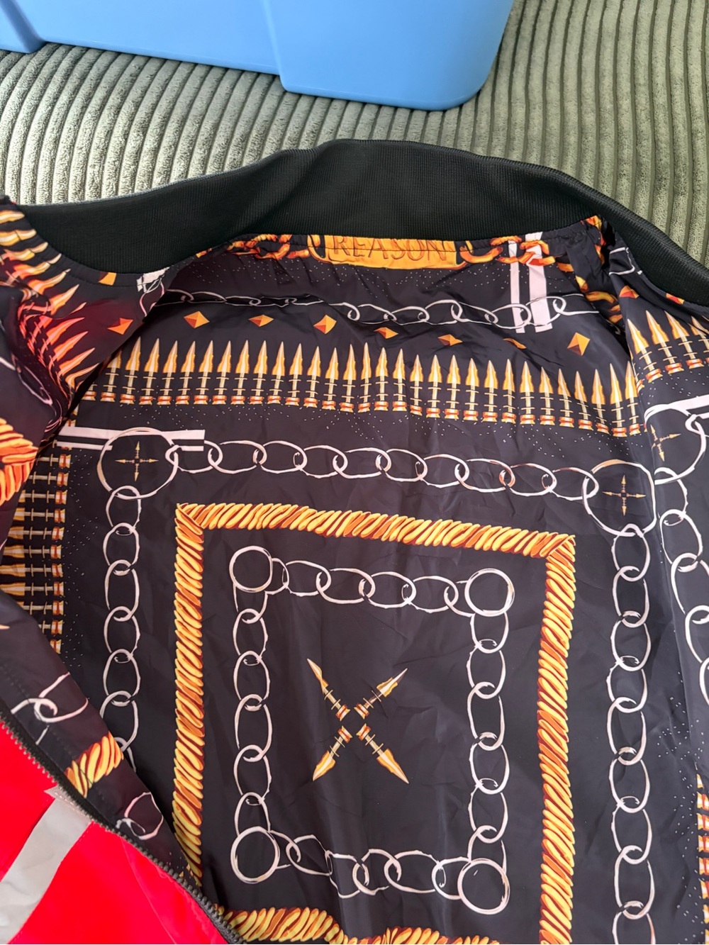 Reason Black Bomber Jacket with Gold Chain Print - Picture 3 of 5